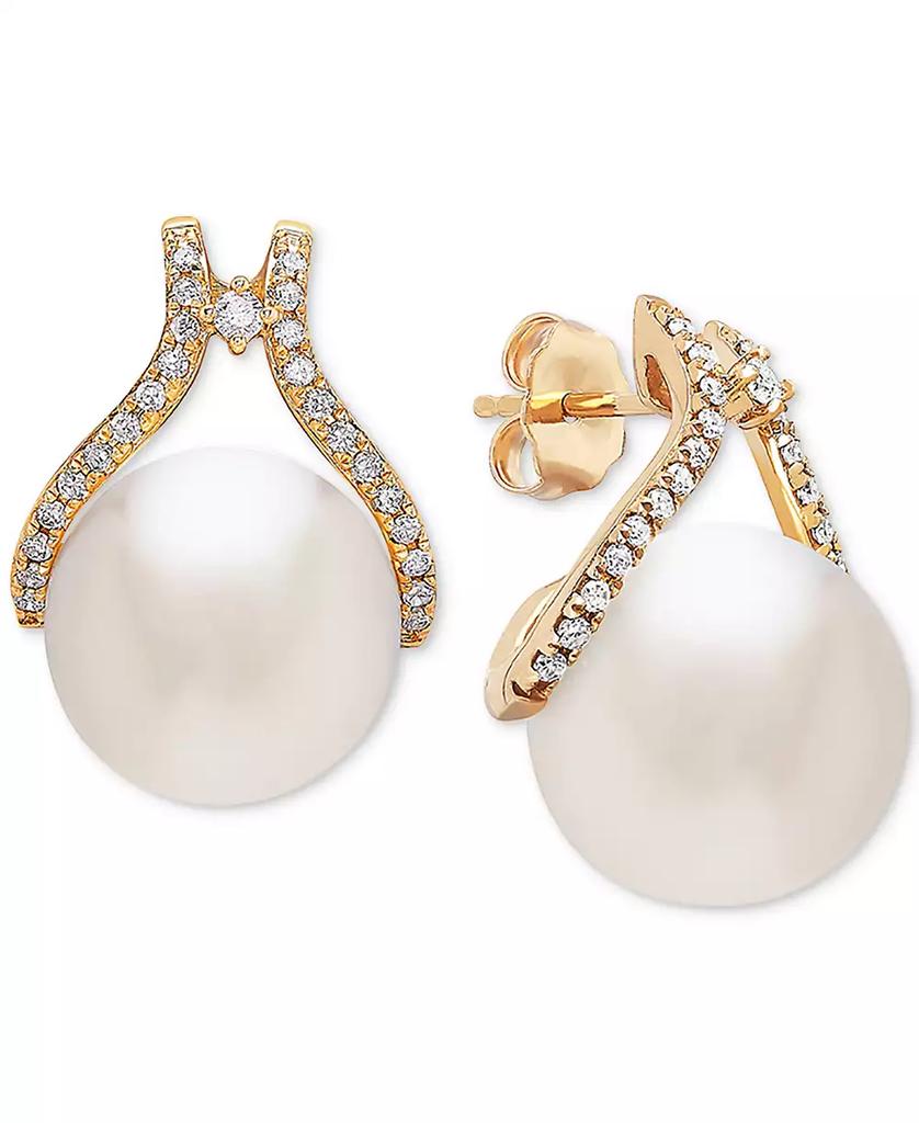 Honora Cultured White Ming Pearl (12mm) & Diamond (1/3 ct. t.w.) Stud Earrings in 14k Gold