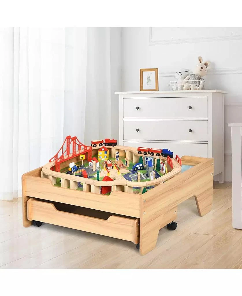 SUGIFT Children
s Wooden Railway Set Table with 100 Pieces Storage Drawers 8