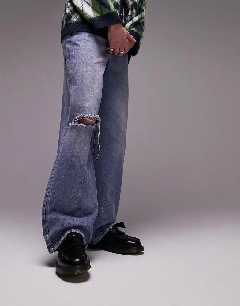 Topman Topman baggy ripped jeans in mid wash blue 1