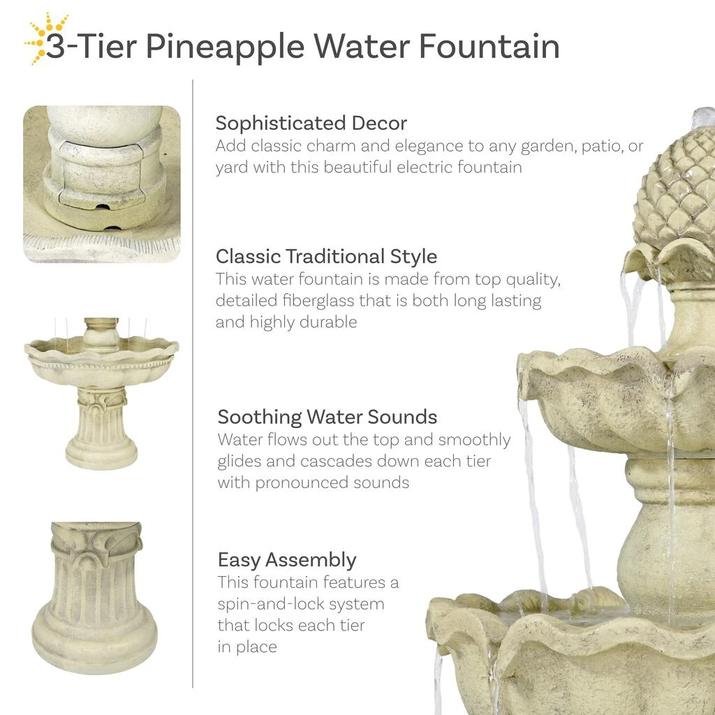 Sunnydaze 51"H Electric Polyresin and Fiberglass 3-Tier Pineapple Top Outdoor Water Fountain 2