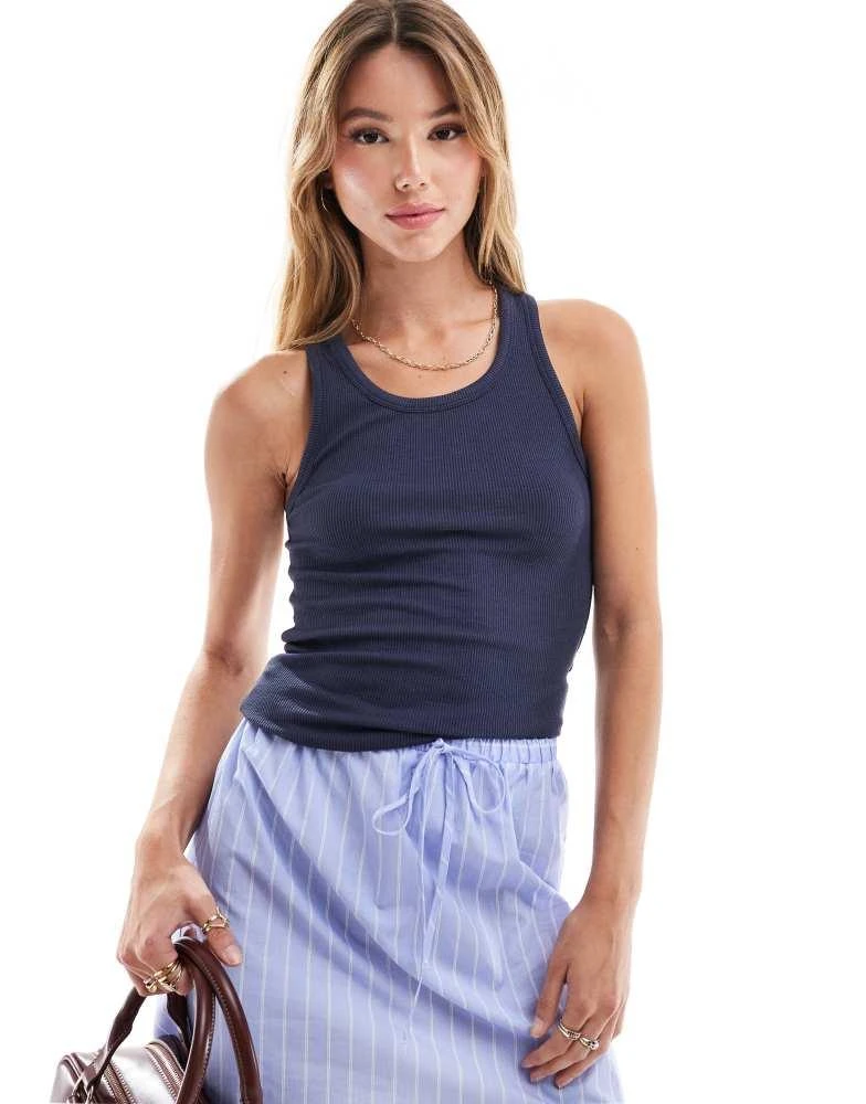 Stradivarius Stradivarius ribbed racer tank top in navy 1