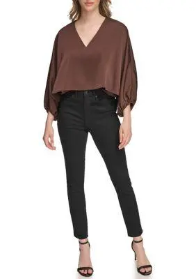 Calvin Klein Klein Womens V Neck Satin Back Crepe Popover Blouse 6