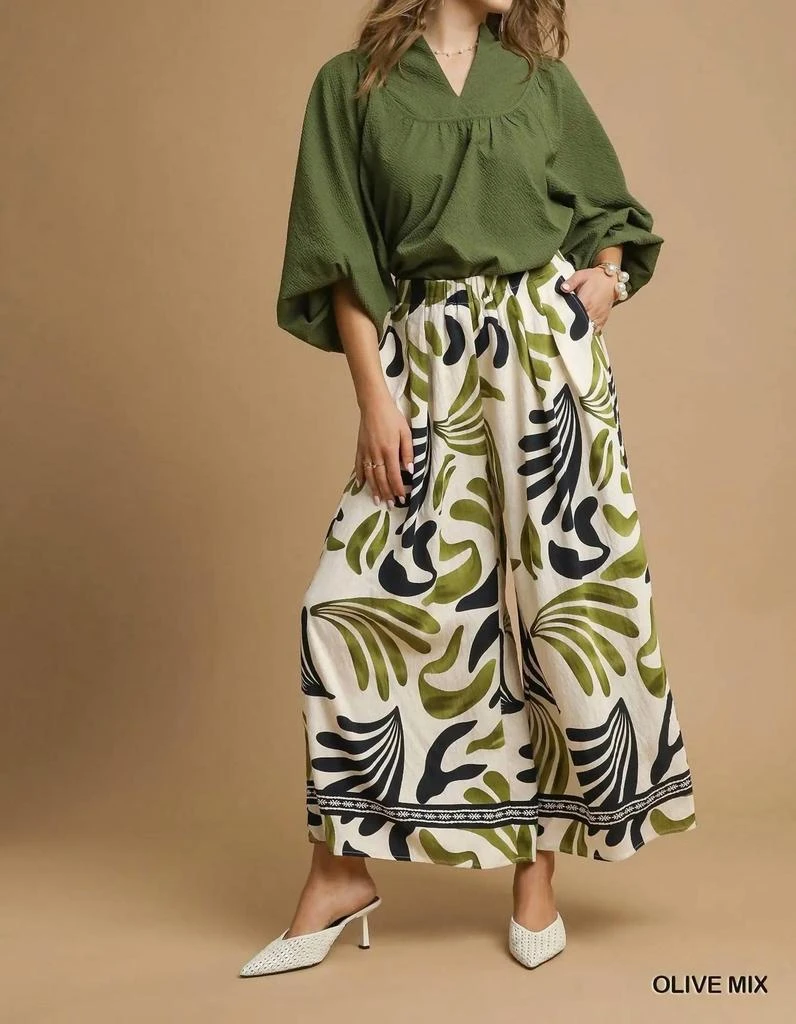 umgee Umgee - Tropical Leaf Print Wide Leg Pants 5