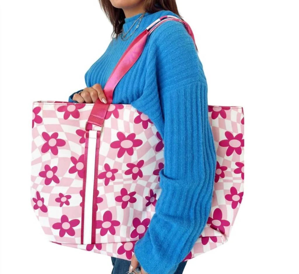Katydid Katydid - Flowers Checkered Pattern Beach Tote Bags 2