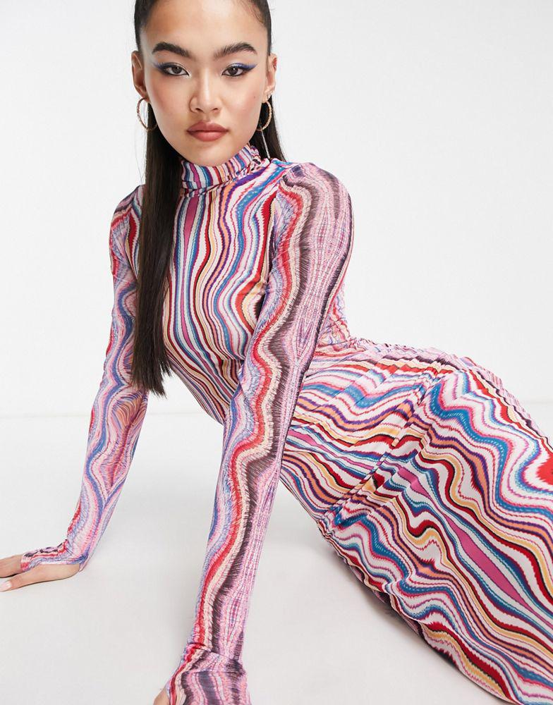 AFRM AFRM shailene turtleneck long sleeve mesh midi dress in swirl print