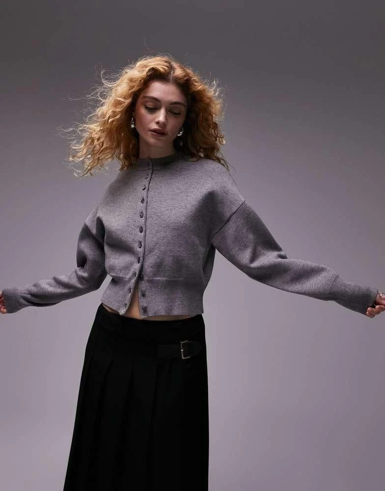 Topshop Topshop knitted compact fitted waist cardigan in grey 1