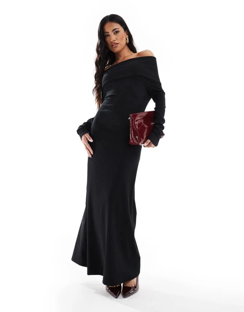 Asos Design Bardot Maxi Dress Long Sleeve ASOS DESIGN Textured Lace Bardot  Maxi Dress In Dark