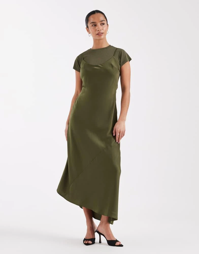 ASOS ASOS DESIGN Petite cami satin 2 in 1 t shirt midi dress in khaki