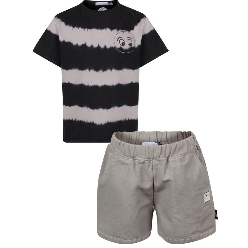 Loud Apparel Cotton jersey tie dye t shirt with eyes print and logo cotton shorts in black and grey