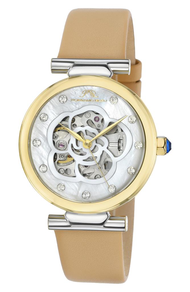 Porsamo Bleu Laura White Topaz Automatic Leather Strap Watch, 36mm