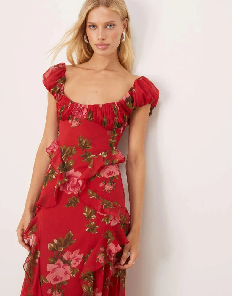 Shop ASOS DESIGN gathered sleeve midi dress with ruffles in red based  floral print on Sale at BeyondStyle  Get 11% Off ASOS DESIGN gathered  sleeve midi dress with ruffles in red