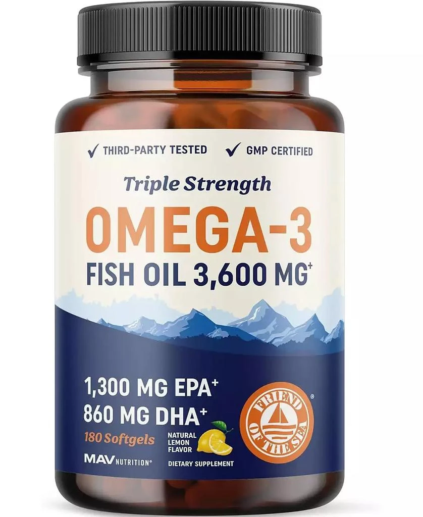 MAV Nutrition Triple Strength Omega 3 Fish Oil Softgels, Essential Fatty Acids for Healthy Heart Support, Premium Burpless Softgel Supplements, 180ct