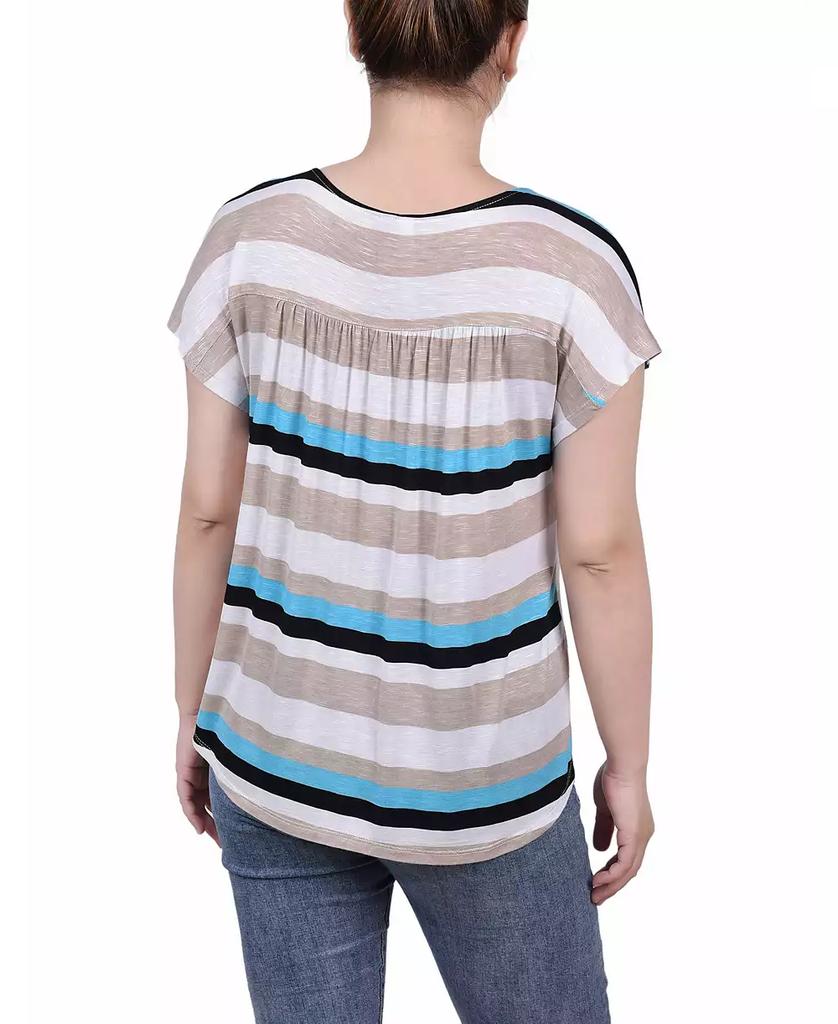 NY Collection Petite Short Sleeve Striped V-neck Top