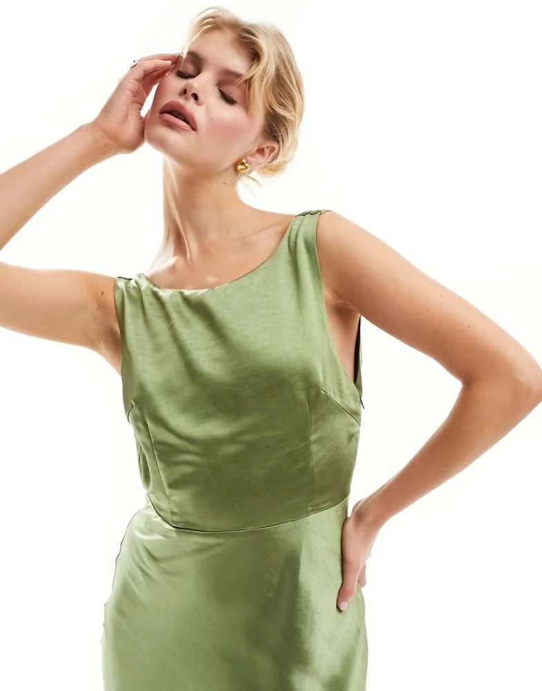 Six Stories Six Stories Bridesmaids cowl back satin maxi dress in moss green 2