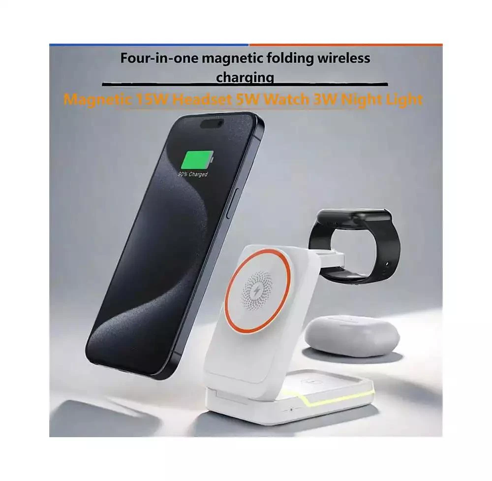 risokeys 3-in-1 Magnetic Wireless Charger with Charging Port - Fast Charging Foldable Stand for Earphones, Watch and Phone 5