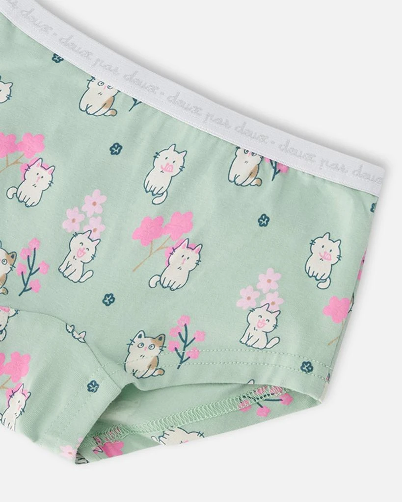 Deux par Deux Organic Cotton Boyshort Panty Green Kitten Print 3