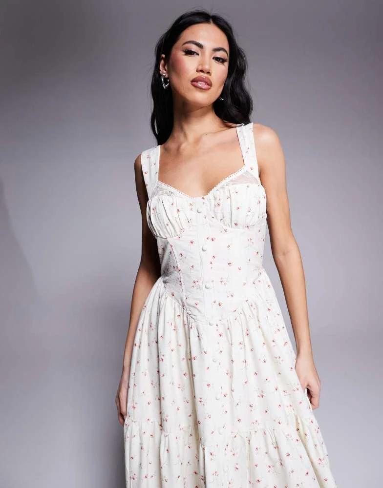 Love Triangle Love Triangle milkmaid tiered maxi dress in pink ditsy 2