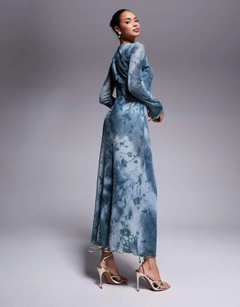 Rare Rare London flare sleeve sheer detail maxi dress in teal flower print 3