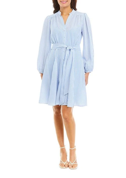 Taylor Womens Long Sleeve V Neck Striped Tie Waist Fit And Flare Dress 1