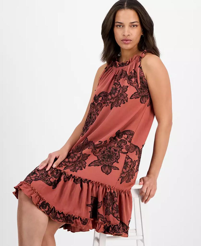 Robbie Bee Petite Printed Ruffle-Neck Shift Dress