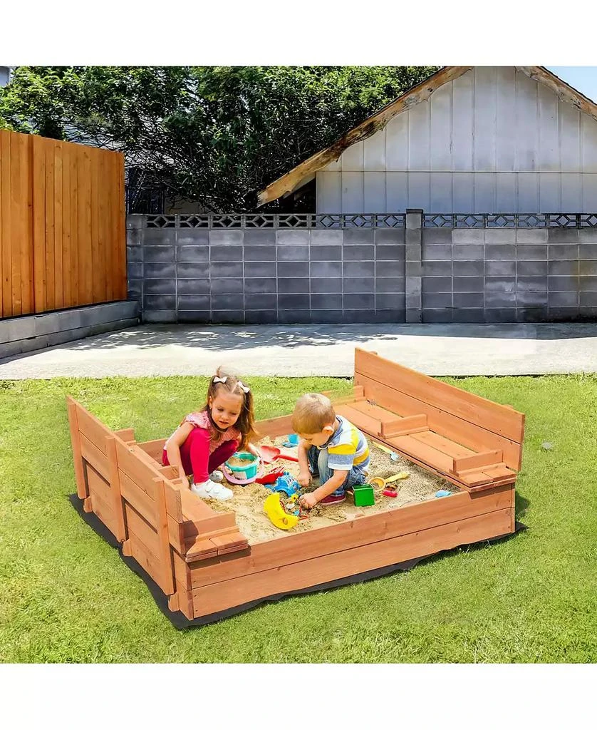 Slickblue Wooden Sandbox, 52.4 x 47.2 x 16.9 in Sand Box, Sand Pit with Foldable Bench Seats and Bottom Liner 2