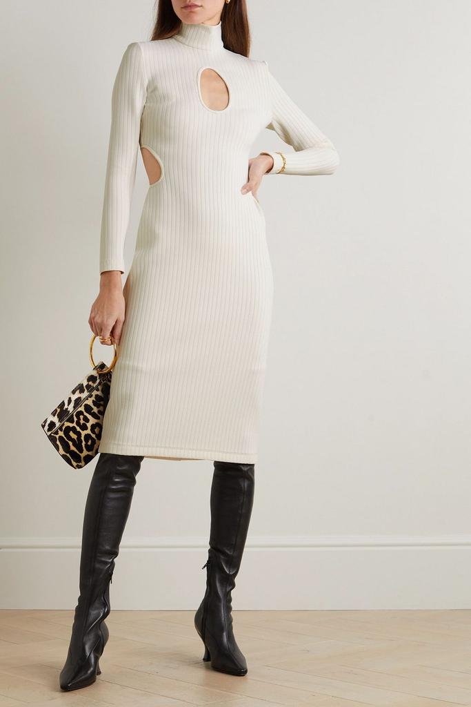 Halpern Cutout ribbed stretch-knit midi turtleneck dress