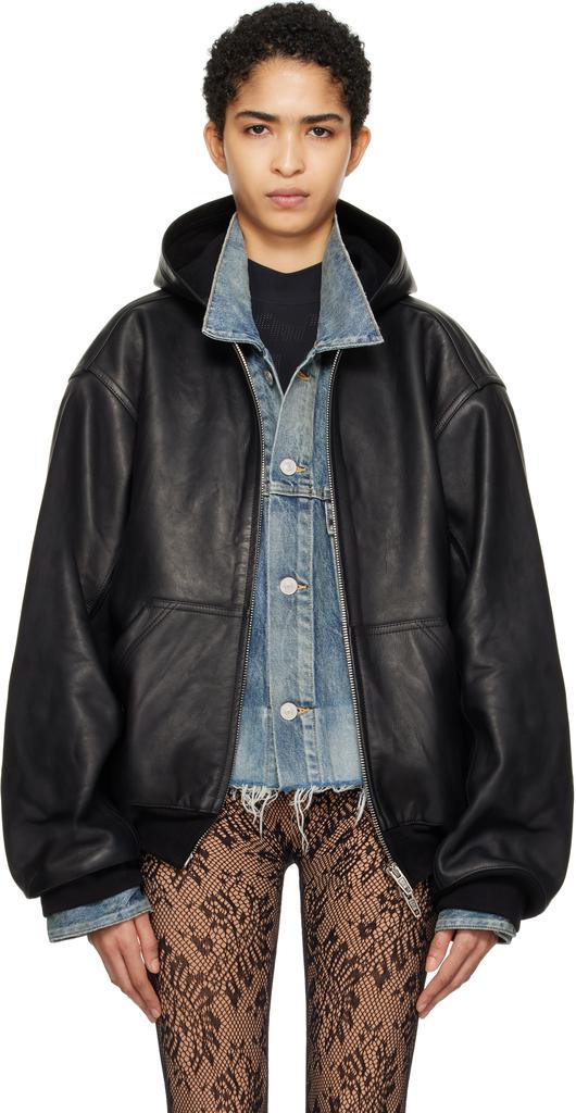 BLACK LEATHER OSTRICH-EFFECT BOMBER JACKET – On Sale Now