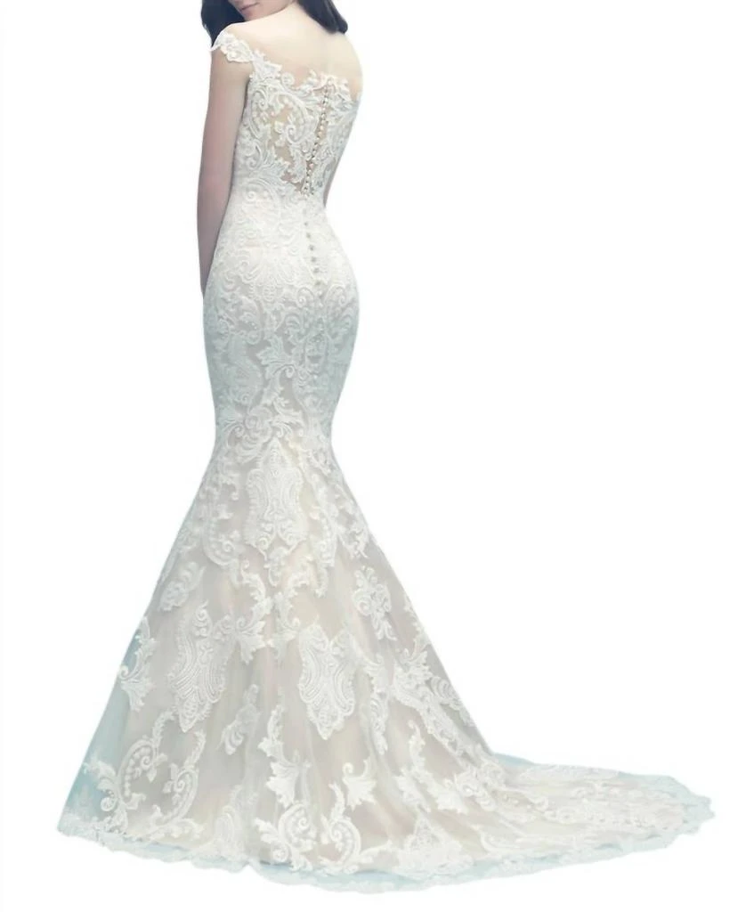 Allure Bridals Off-Shoulder Lace Gown With Detachable Tulle Train In Champagne/ivory/silver 2