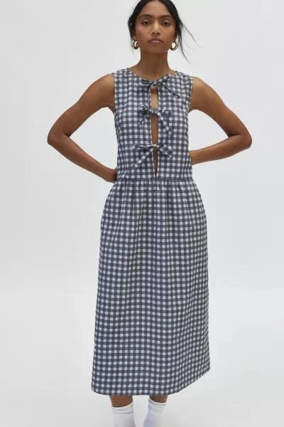 Motel Motel Prelith Tie-Front Bow Gingham Midi Dress 1