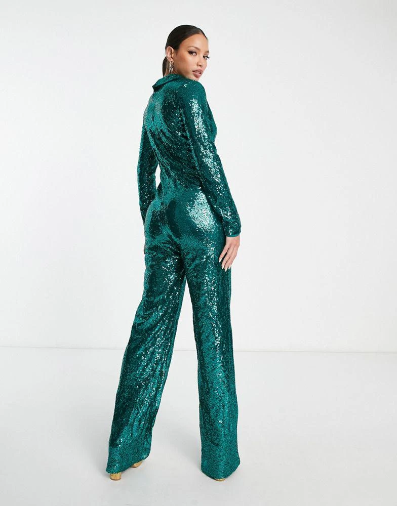 In The Style Tall In The Style Tall exclusive sequin plunge front wide leg jumpsuit in green 2