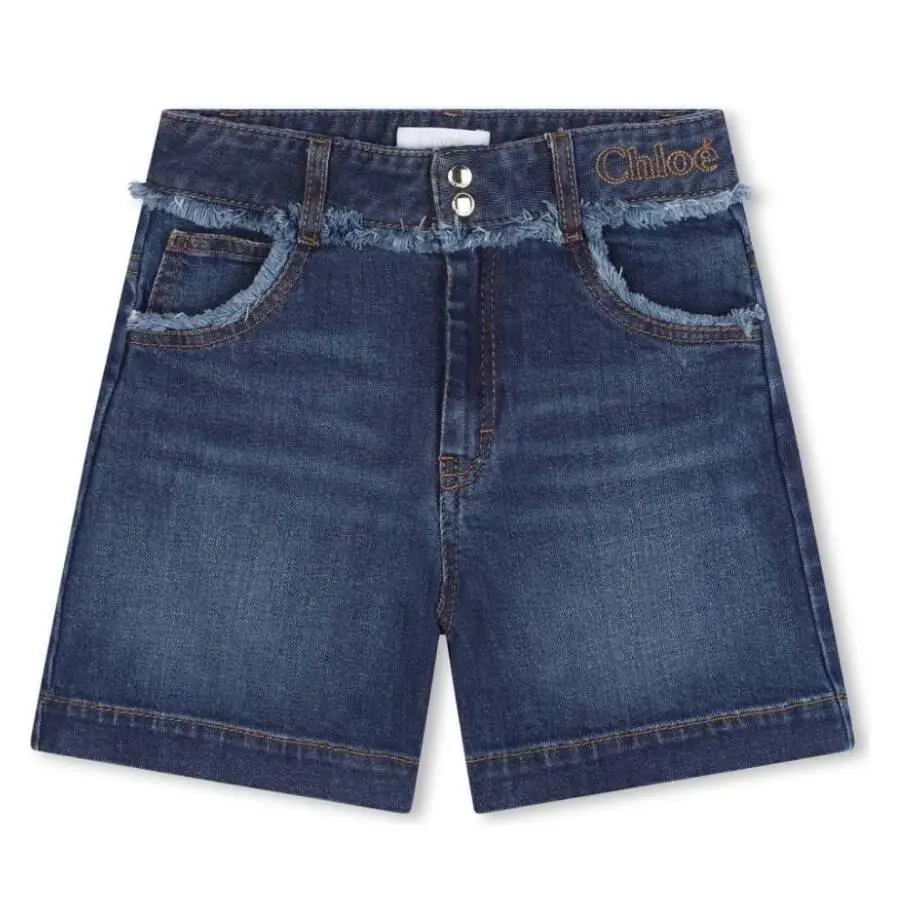 Chloé Chloe Girls Denim Blue Logo-Embroidered Shorts, Size 8Y