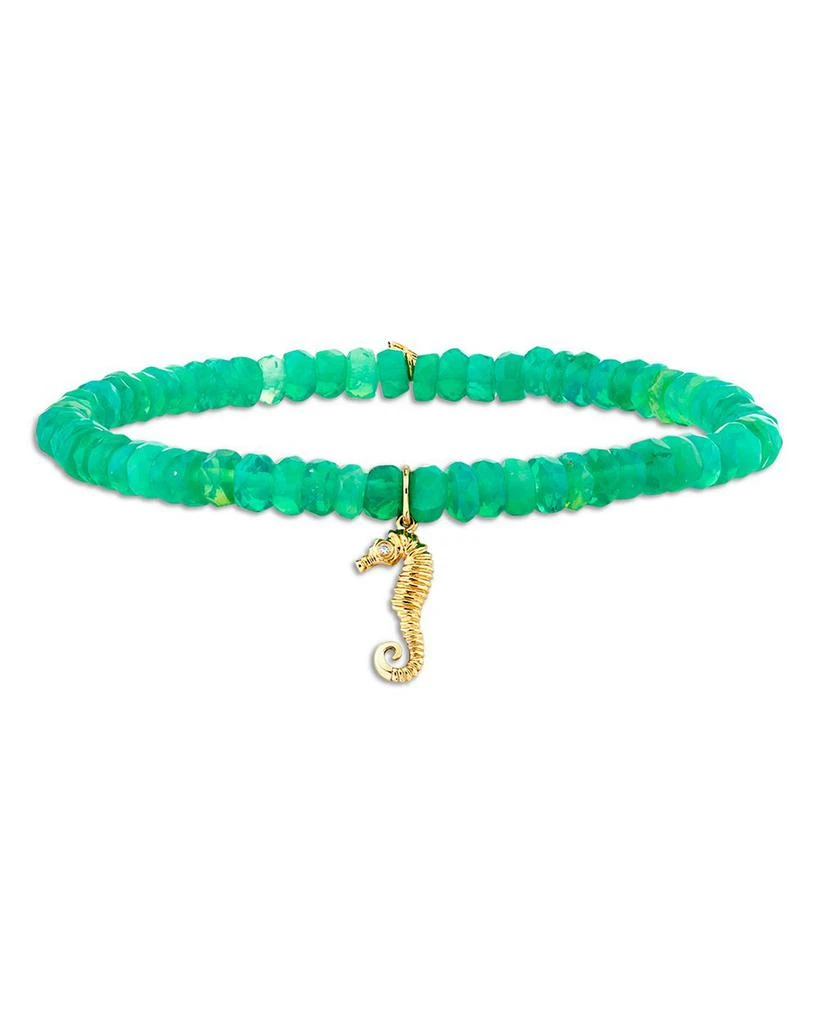 Sydney Evan 14K Yellow Gold Diamond Seahorse Charm Jungle Green Ethiopian Opal Beaded Stretch Bracelet 1
