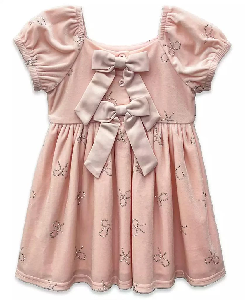 Blueberi Boulevard Baby Girls Puff Sleeve Stretch Velvet Bow Dress - Light Pastel Pink - Size 6-9 months