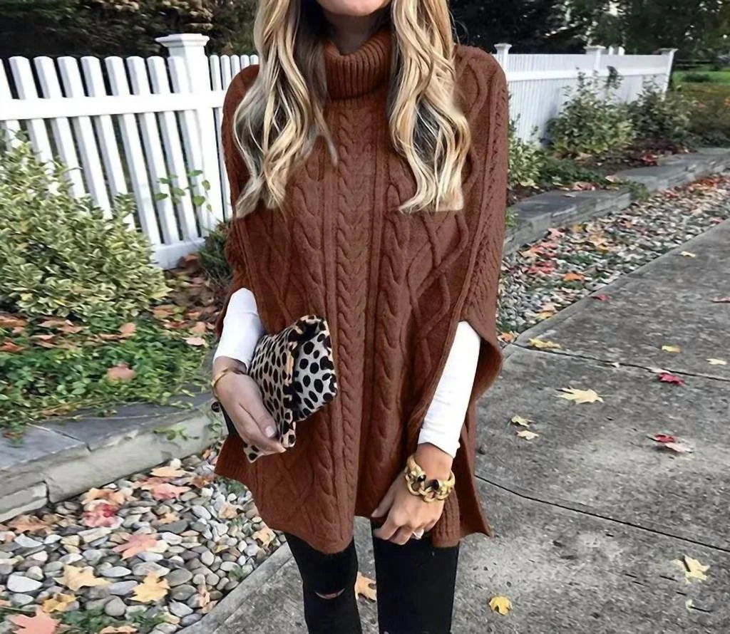 Ninexis Ninexis - Pullover Poncho Cable Knit Turtleneck Sweater 5