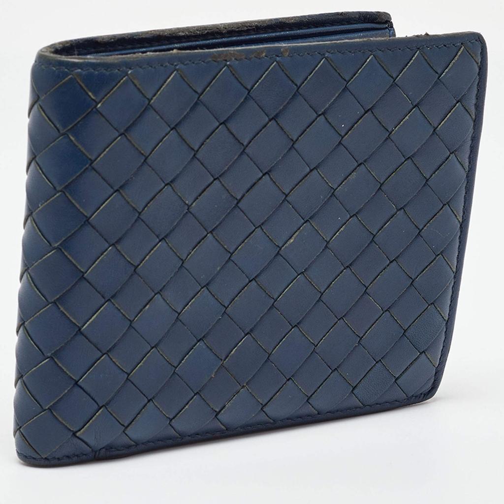 折りたたみ財布 BOTTEGA VENETA NAVY BLUE LEATHER INTRECCIATO WALLET Authentic Bottega Veneta Intrecciato Bi-fold Wallet Compact