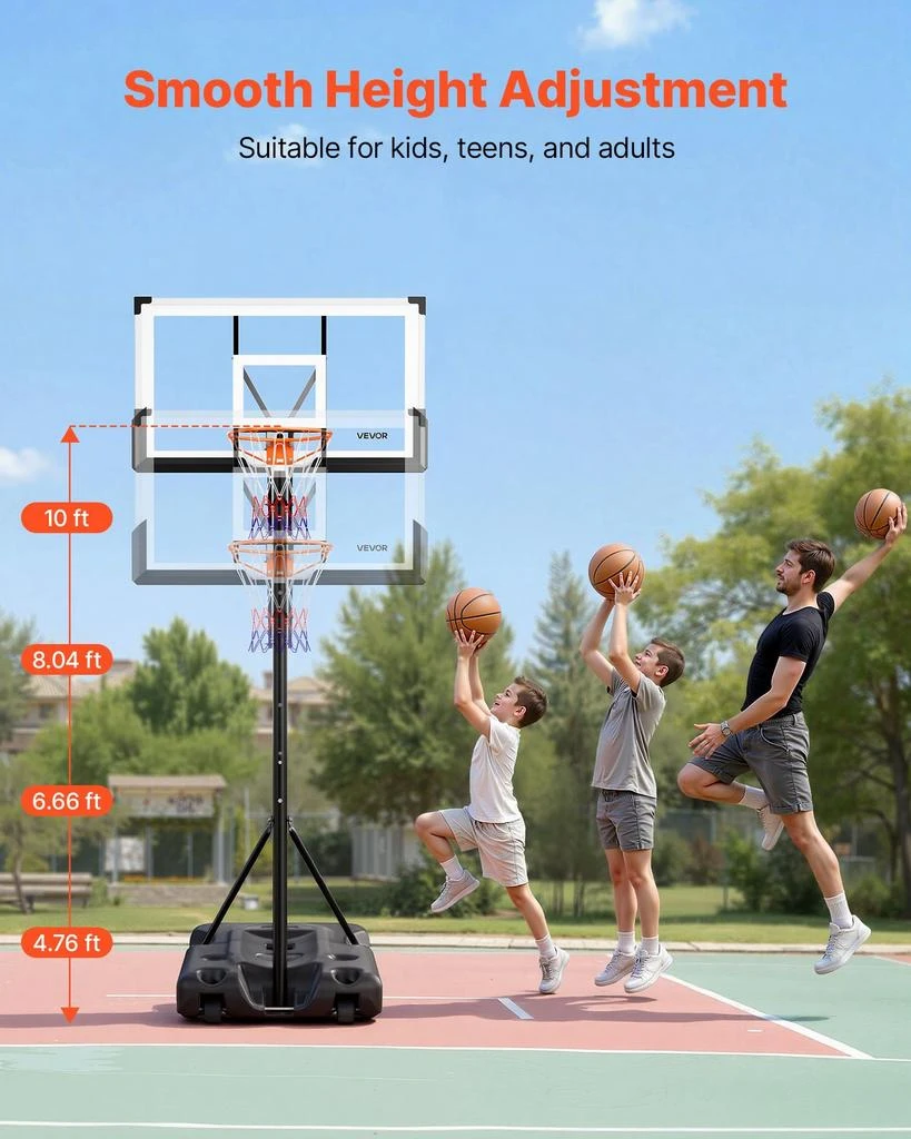 VVOR Portable Basketball Stand, 10 ft Height Adjustment Basketball Hoop 
Goal, Portable Basketballs Hoop with 54 inch PC Backboard 
Wheels for Kids, Teens, Adults in Driveways, Pools, Schools 5