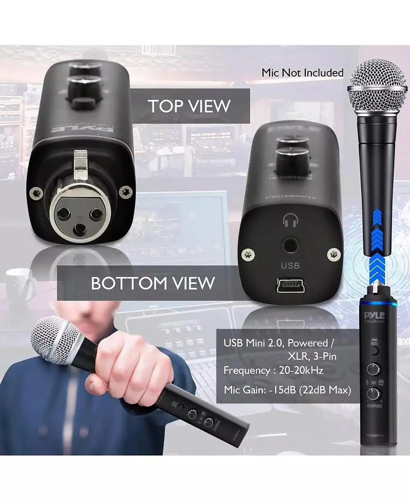 Pyle XLR-to-USB Microphone Adaptor, USB Mic Interface with Volume Control and +48V Phantom Power 2
