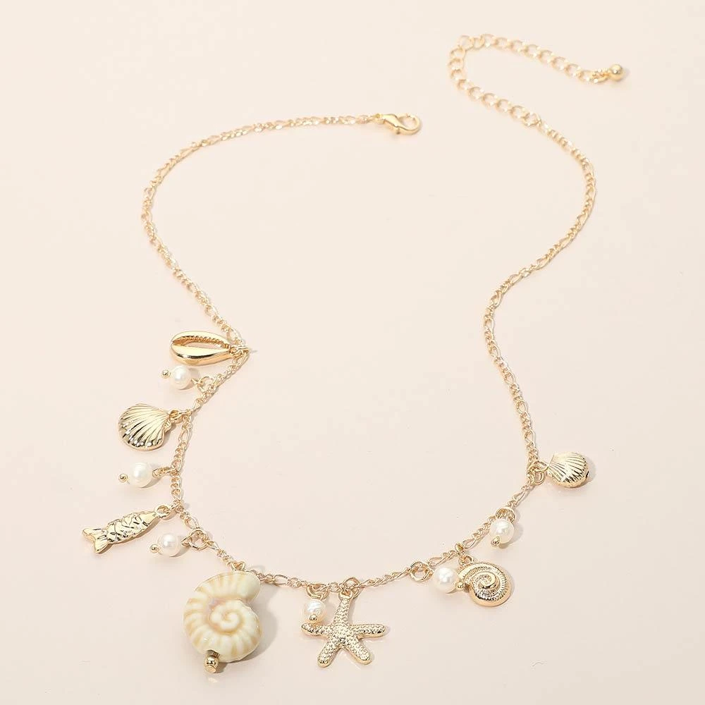 FASHNZFAB Shell Starfish Fish Pearl Charm Station Necklace 3