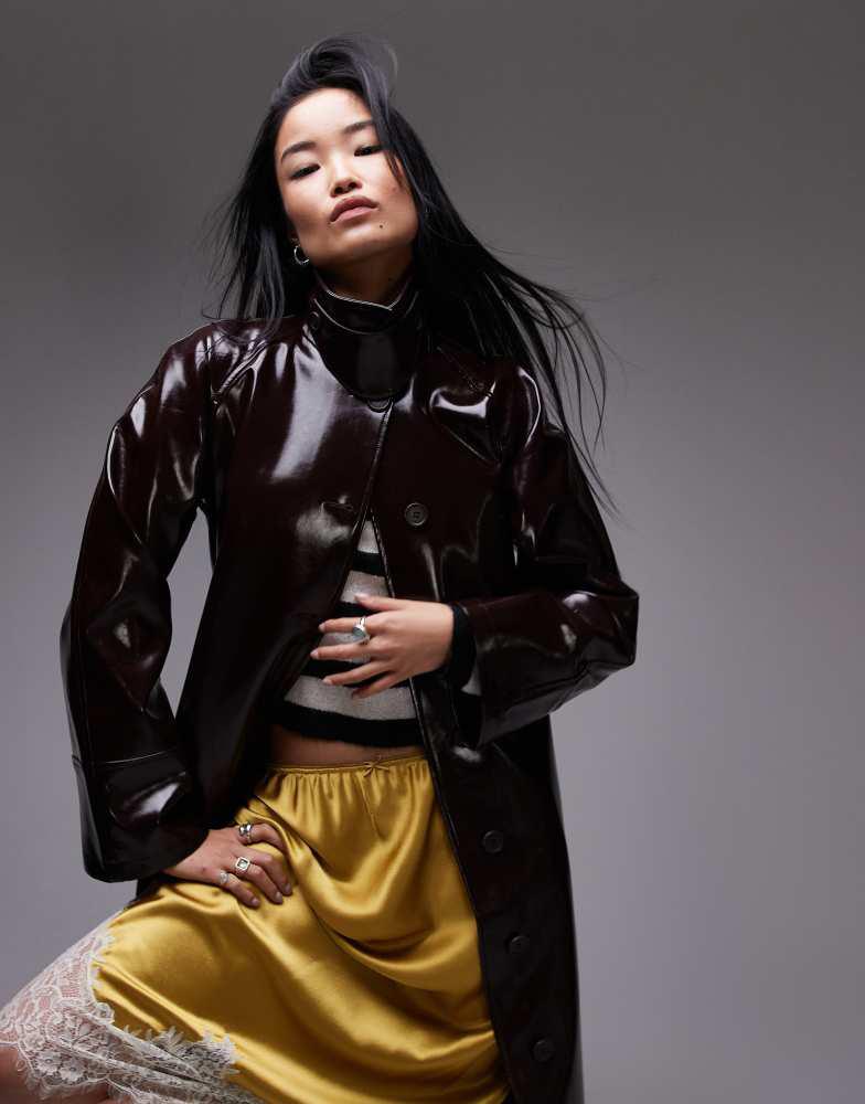 Topshop Topshop longline oversized high shine faux leather trench coat in burgundy