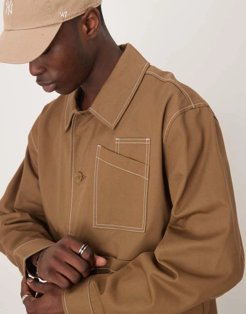 ASOS ASOS DESIGN boxy oversized worker jacket with contrast stitch in tan 2