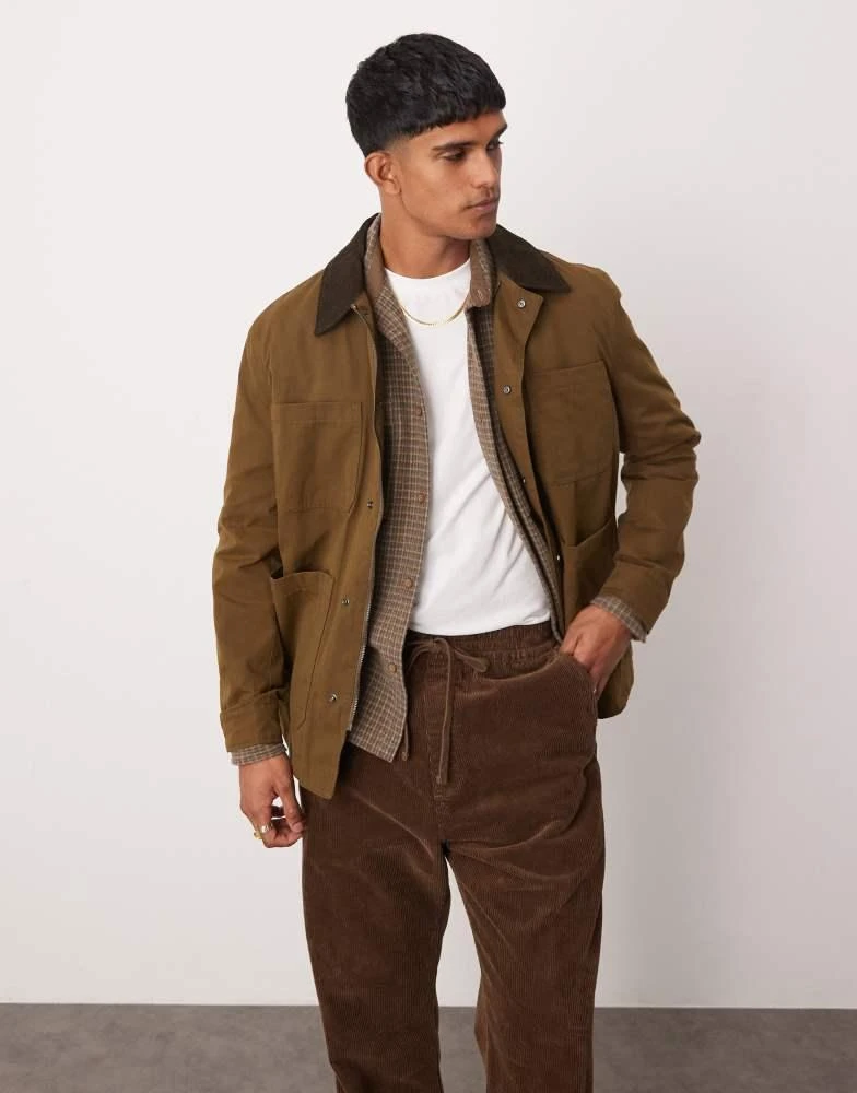 Mango Mango contrast collar button down wax jacket in khaki 4