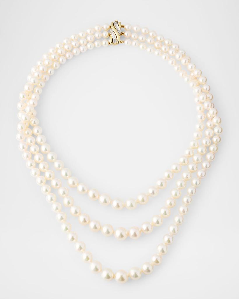 BELPEARL 14K Yellow Gold 3-Row Graduated Akoya Pearl Necklace, 19.5"L