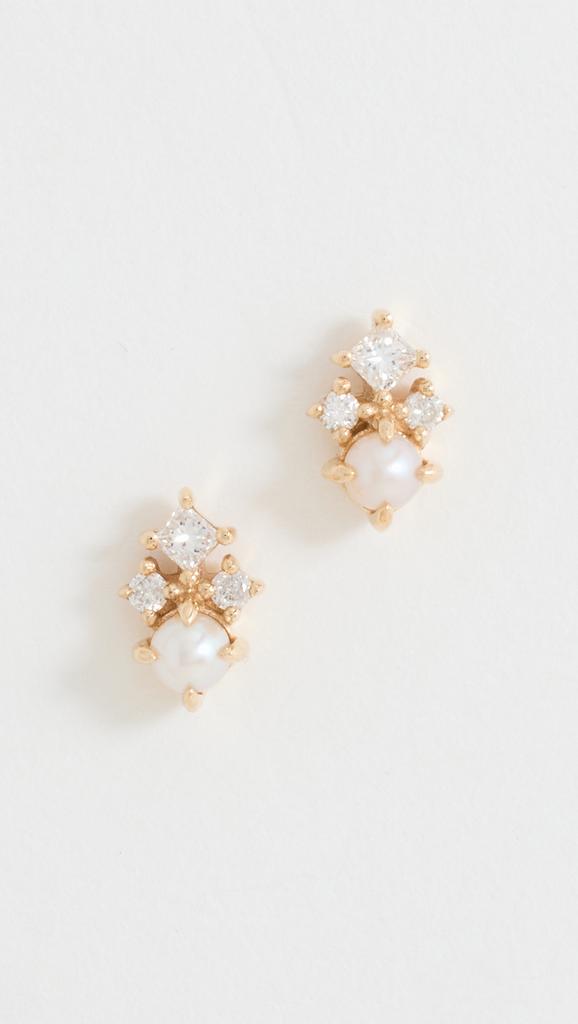 MATEO 14k The Little Things Tri Diamond and Pearl Studs