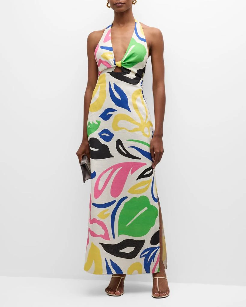 Cala de la Cruz Eli Floral Linen Long Backless Halter Dress 2