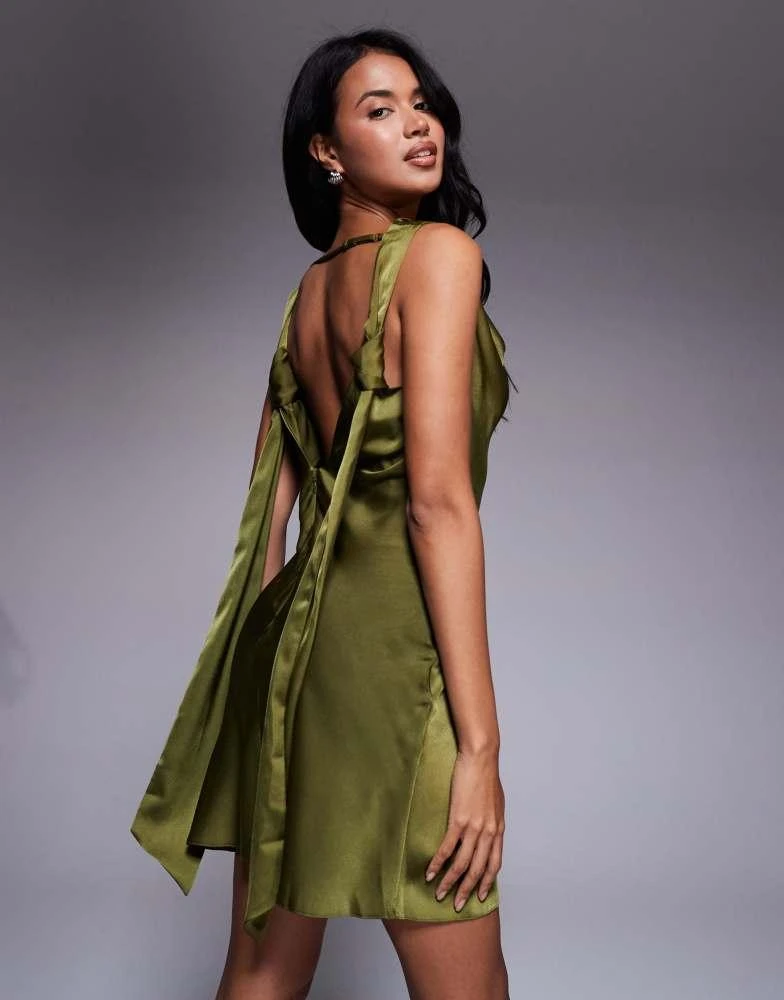 ASOS DESIGN satin drape neckline mini dress with long tie back detail and  split in olive green  On Sale Now with Up to 21% Off | Discover Exclusive  Deals & Savings