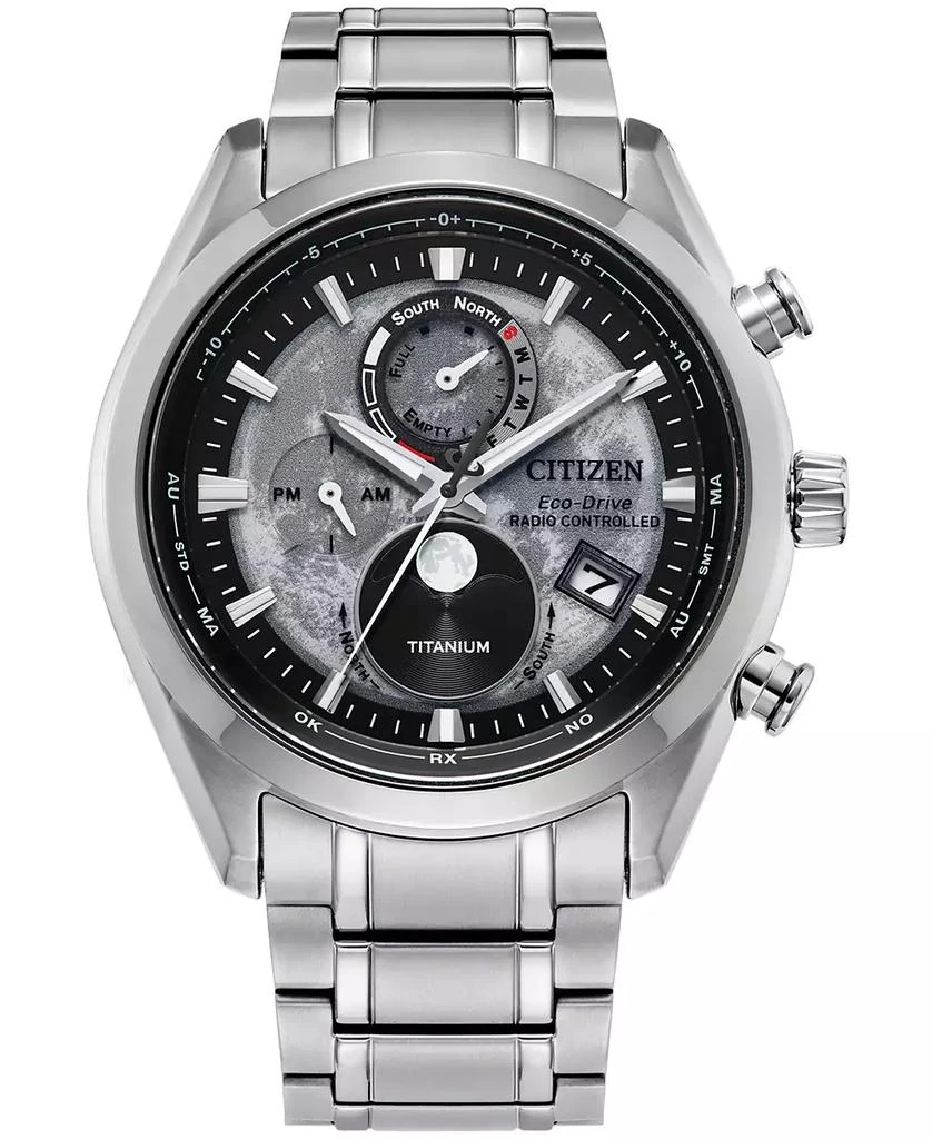 Citizen Men's Tsuki-yomi A-T Chronograph Sport Luxury Eco-Drive Silver-Tone Titanium Bracelet Watch 43mm 1