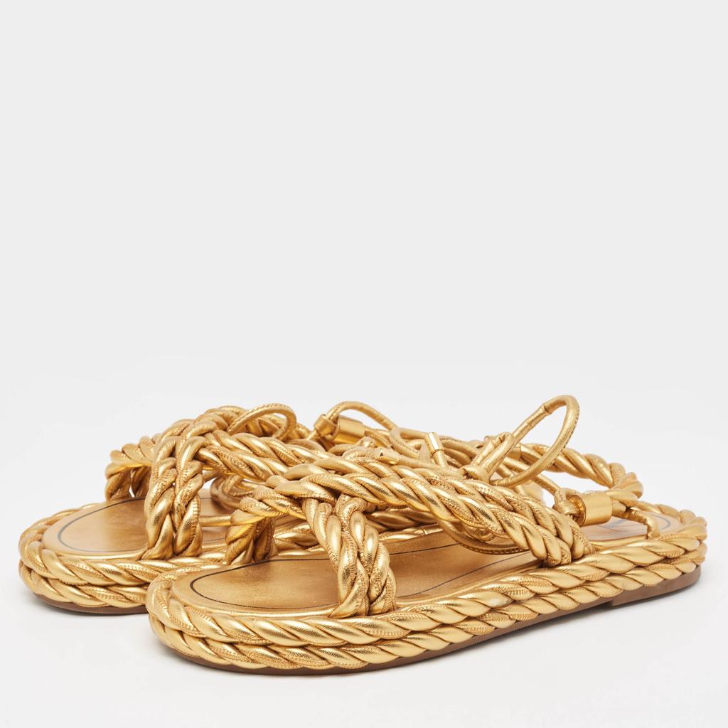 Valentino Valentino Gold Braided Leather Ankle Tie Flat Sandals Size 39