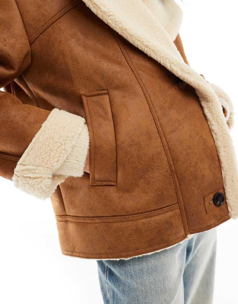 Bershka Bershka oversized contrast shearling jacket in brown