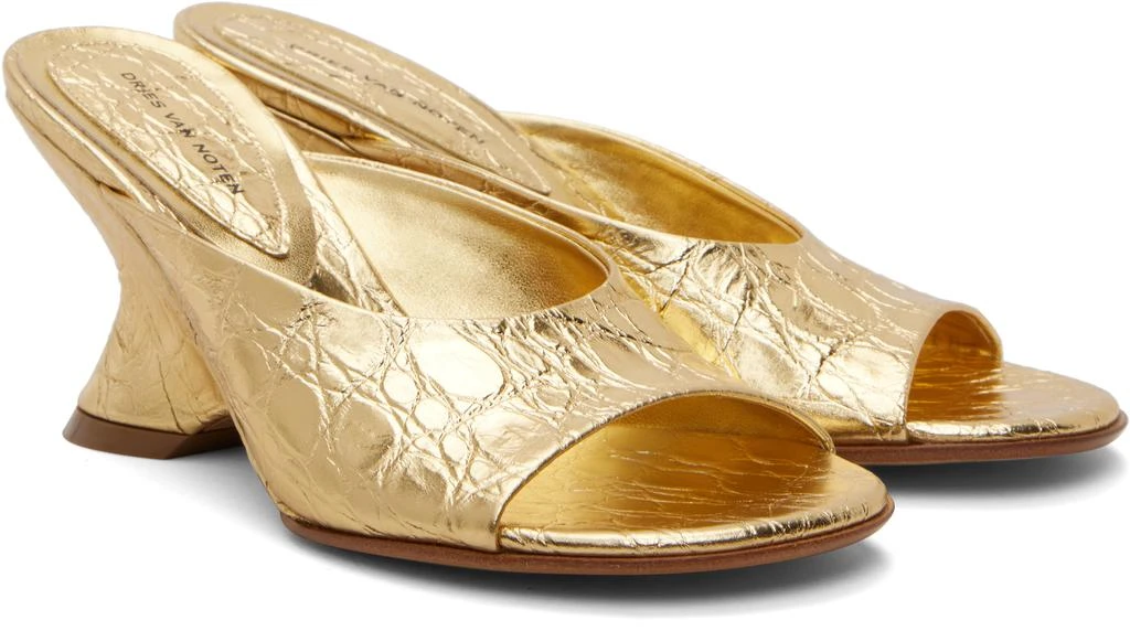 Dries Van Noten Gold Open-Toe Leather Mule Heeled Sandals 4