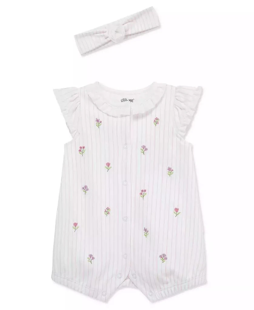 Little Me Baby Girls
 Knit Floral Romper 
Headband, 2-Piece Set